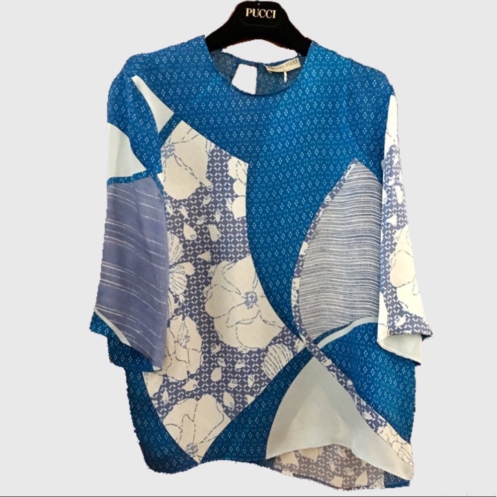 New EMILIO PUCCI Silk Open Back Japanese Print Blouse Top Rare